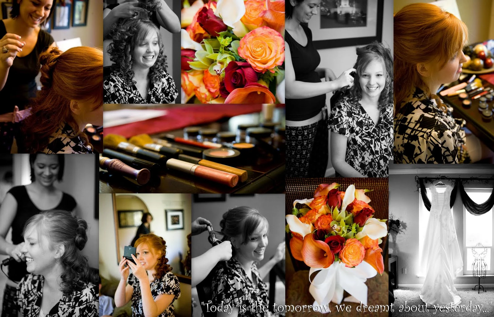 Collage of nine panels showing the bride getting her red hair styled, orange and red bouquet closeups, makeup on a table, and the white wedding dress hanging, with a handwritten quote strip along the bottom