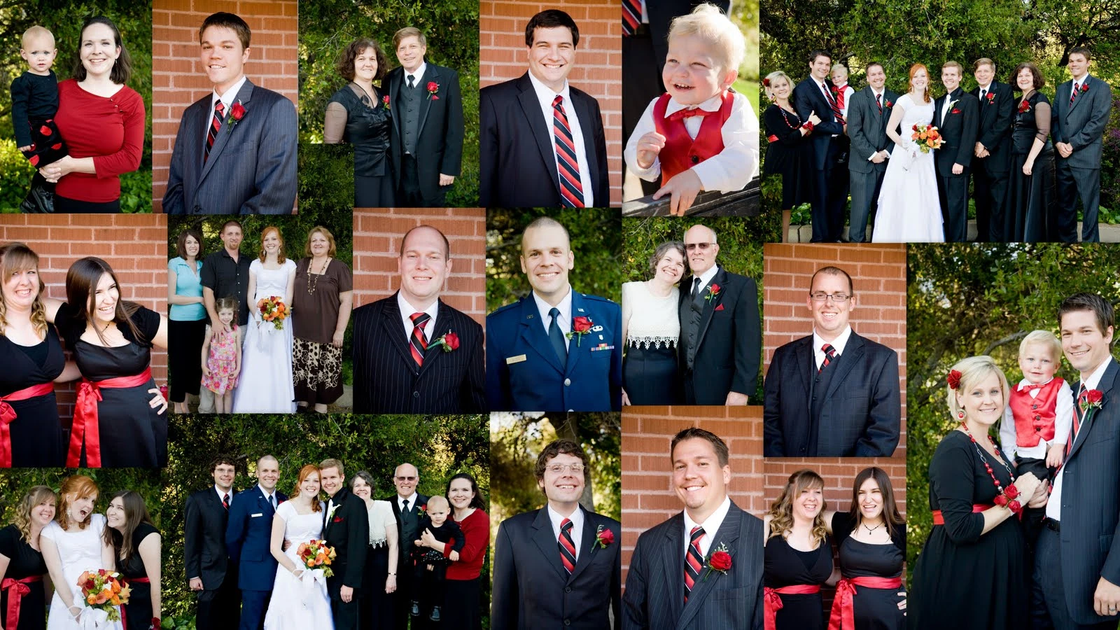 Collage of formal portrait shots taken before the reception showing couples, families, and individuals against a brick wall and garden backdrop, including a white-haired woman giving a thumbs-up and families with young children