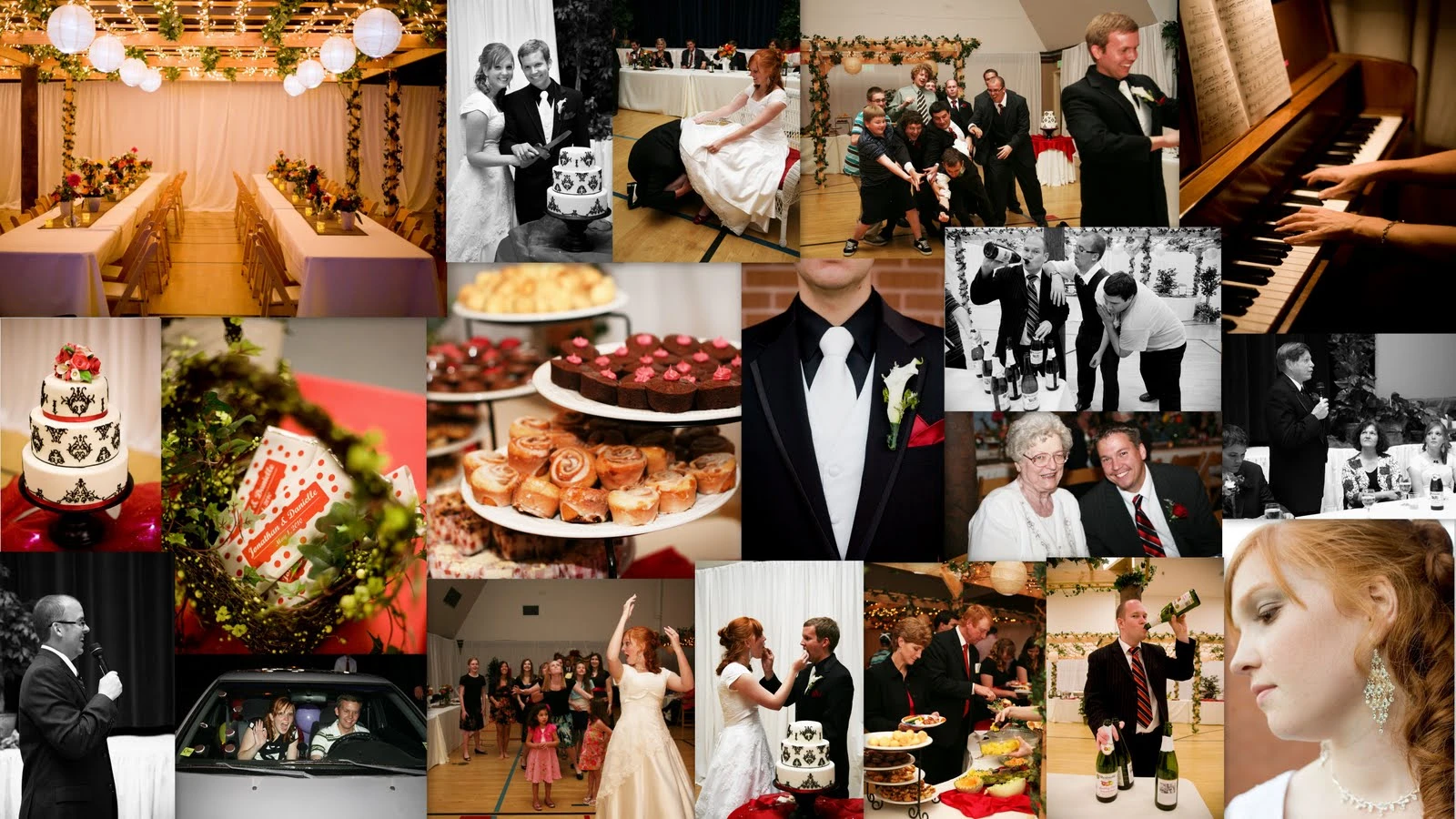 Collage of reception scenes including a long decorated hall with white tables and hanging paper lanterns, a tiered wedding cake with orange accents, food tables, guests dancing, the couple cutting the cake, someone playing piano, and a close-up portrait of the bride