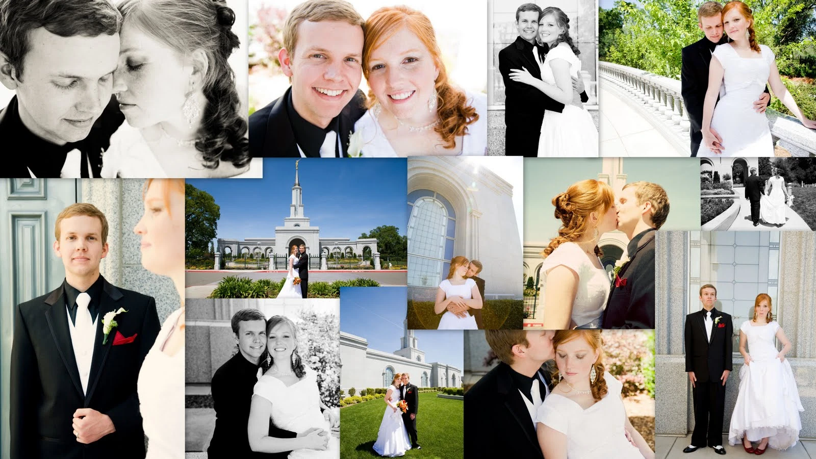 Collage of fourteen couple portraits outside the Sacramento LDS Temple: the groom in a black suit and bride in a white gown kissing, embracing, posing, and walking, with the white temple spire visible in several shots