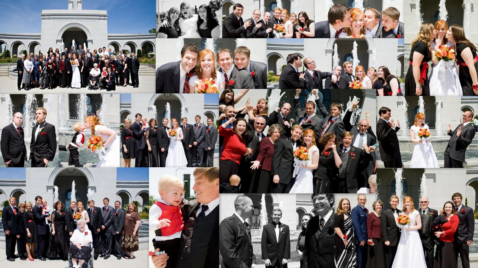 Large collage of group photos outside the temple including the full wedding party on the steps, smaller family clusters, and the groom posing alone, with guests in formal attire