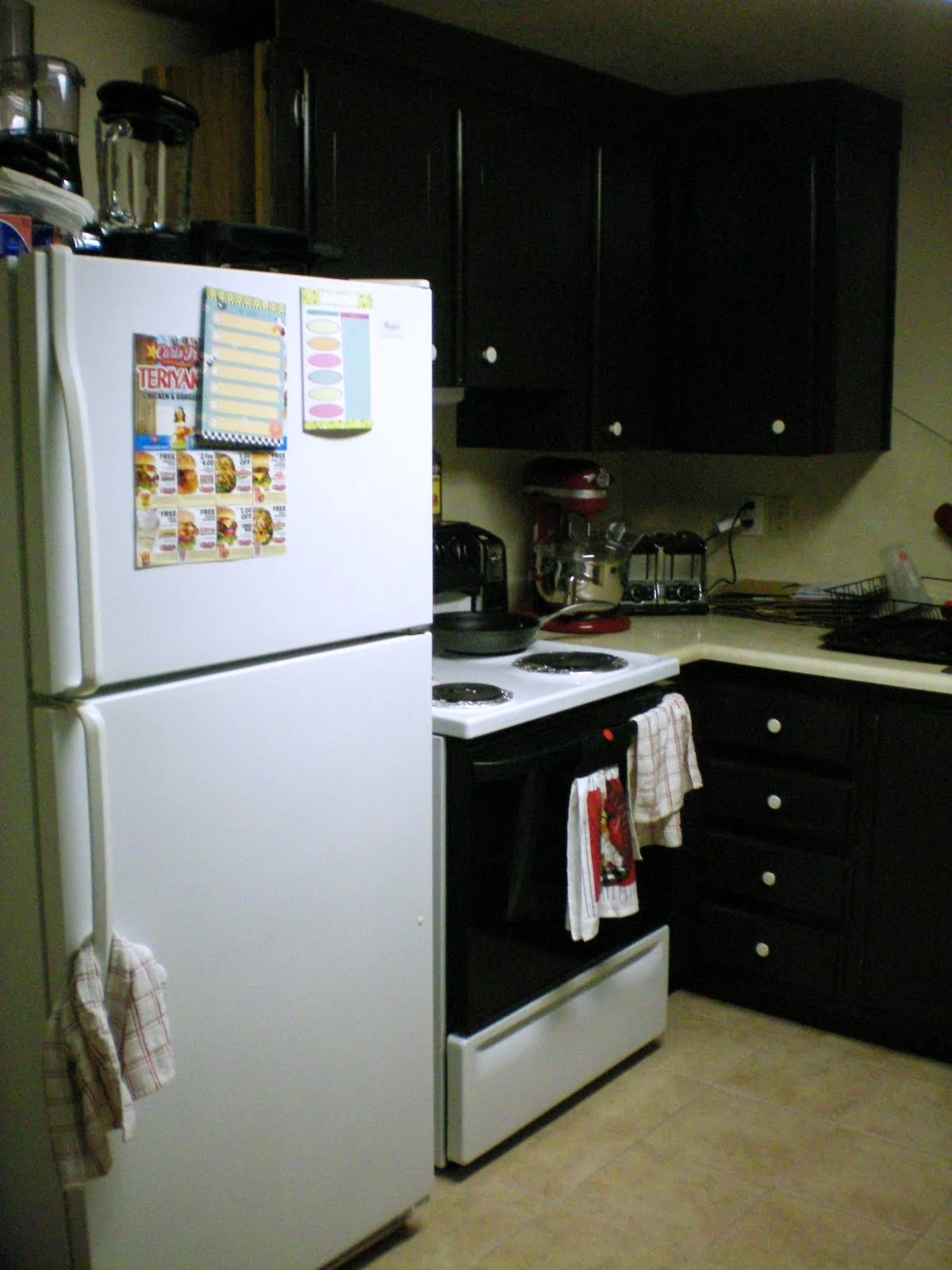 Kitchen showing a white top-freezer refrigerator with calendar magnets on it, a white electric stove with dish towels hanging from the oven handle, and dark upper cabinets
