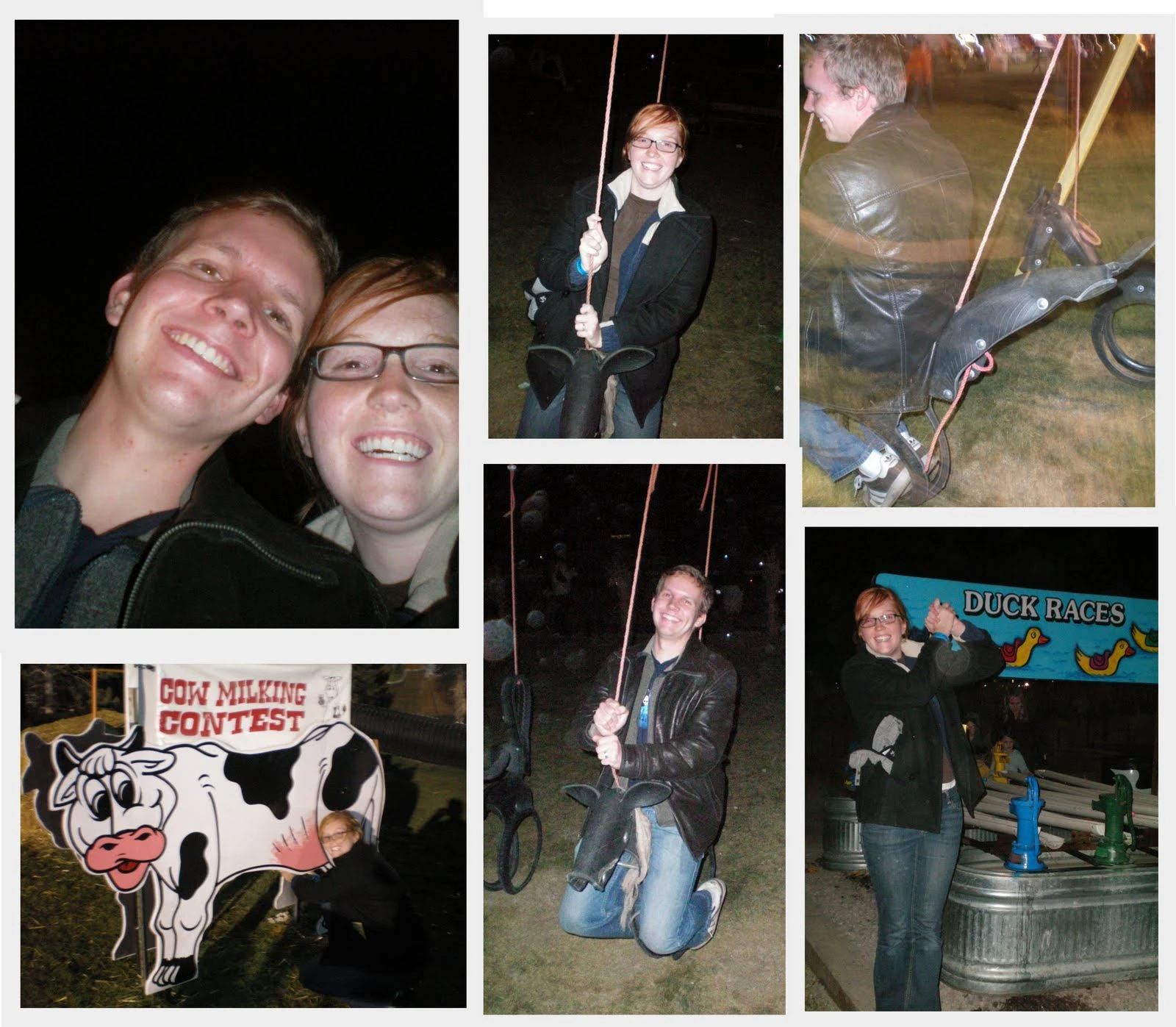 Collage of five pumpkin patch panels at night: Jon and Danielle smiling together, Danielle and Jon on swing rides, Danielle kneeling by a "Cow Milking Contest" sign, and Danielle grinning at the "Duck Races" tub