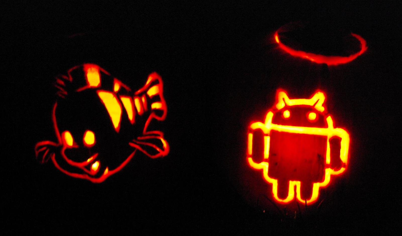 Two carved pumpkins glowing in the dark side by side: Flounder from The Little Mermaid on the left, and the Android robot wearing a halo on the right
