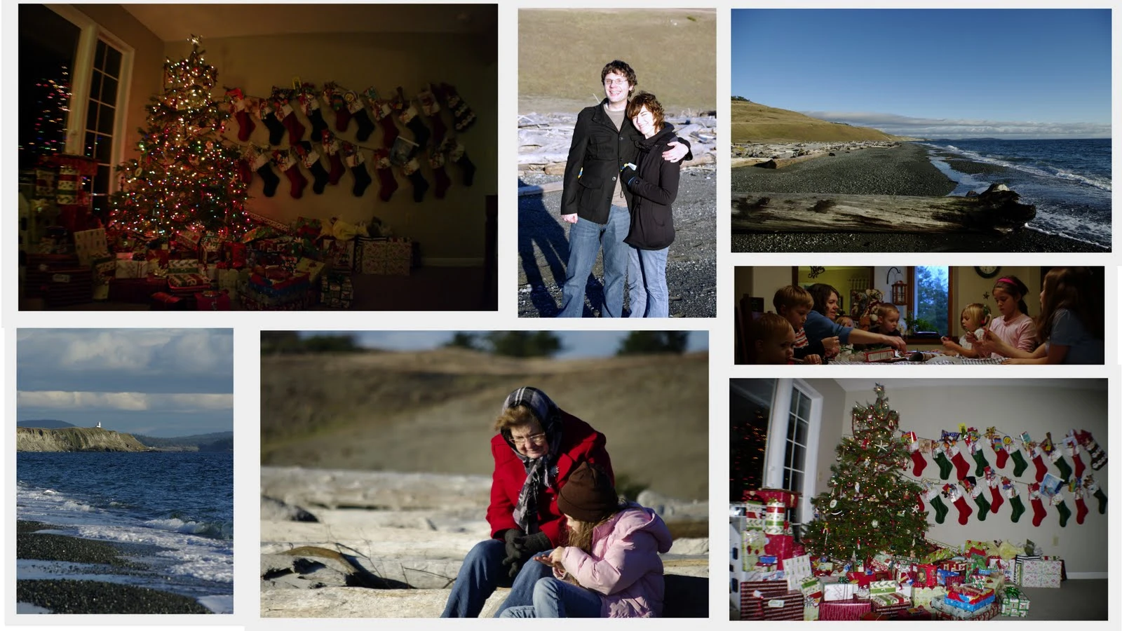Collage of seven Christmas week photos: a decorated Christmas tree with 20 handmade stockings lining the wall, Jon and Danielle standing together on a snowy coastal beach, scenic ocean and shoreline landscapes, the family gathered in a living room, an older woman holding a bundled toddler on rocky coastal terrain, and a Christmas tree surrounded by colorful wrapped presents