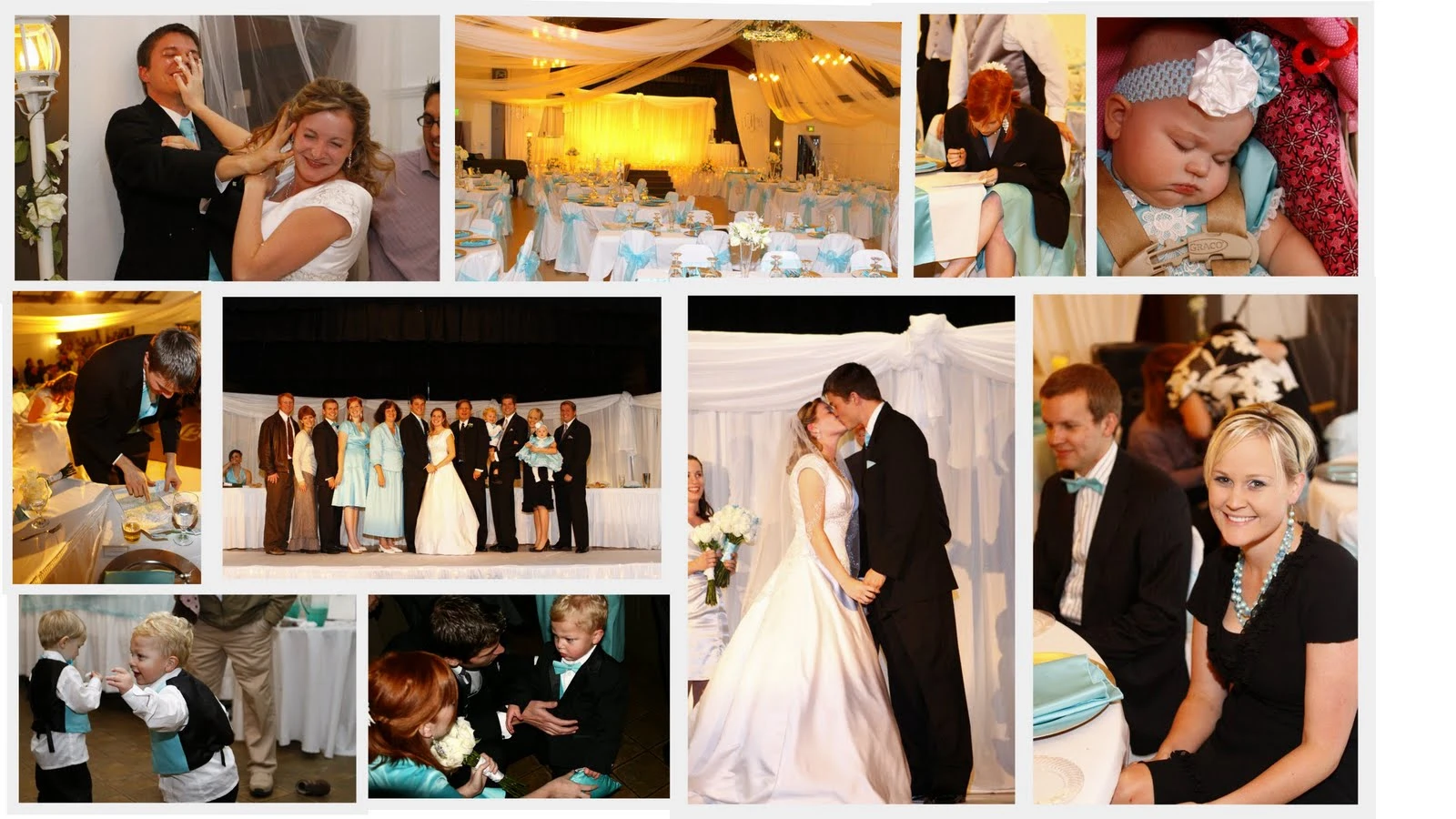 Collage of nine photos from Devin and Kim's wedding: Kim getting her veil adjusted, the reception hall decorated in teal and white, a sleeping newborn in a bow headband, the full wedding party lineup, the bride and groom sharing their first kiss at the altar, a young boy in a tuxedo, and Jenni smiling at the reception