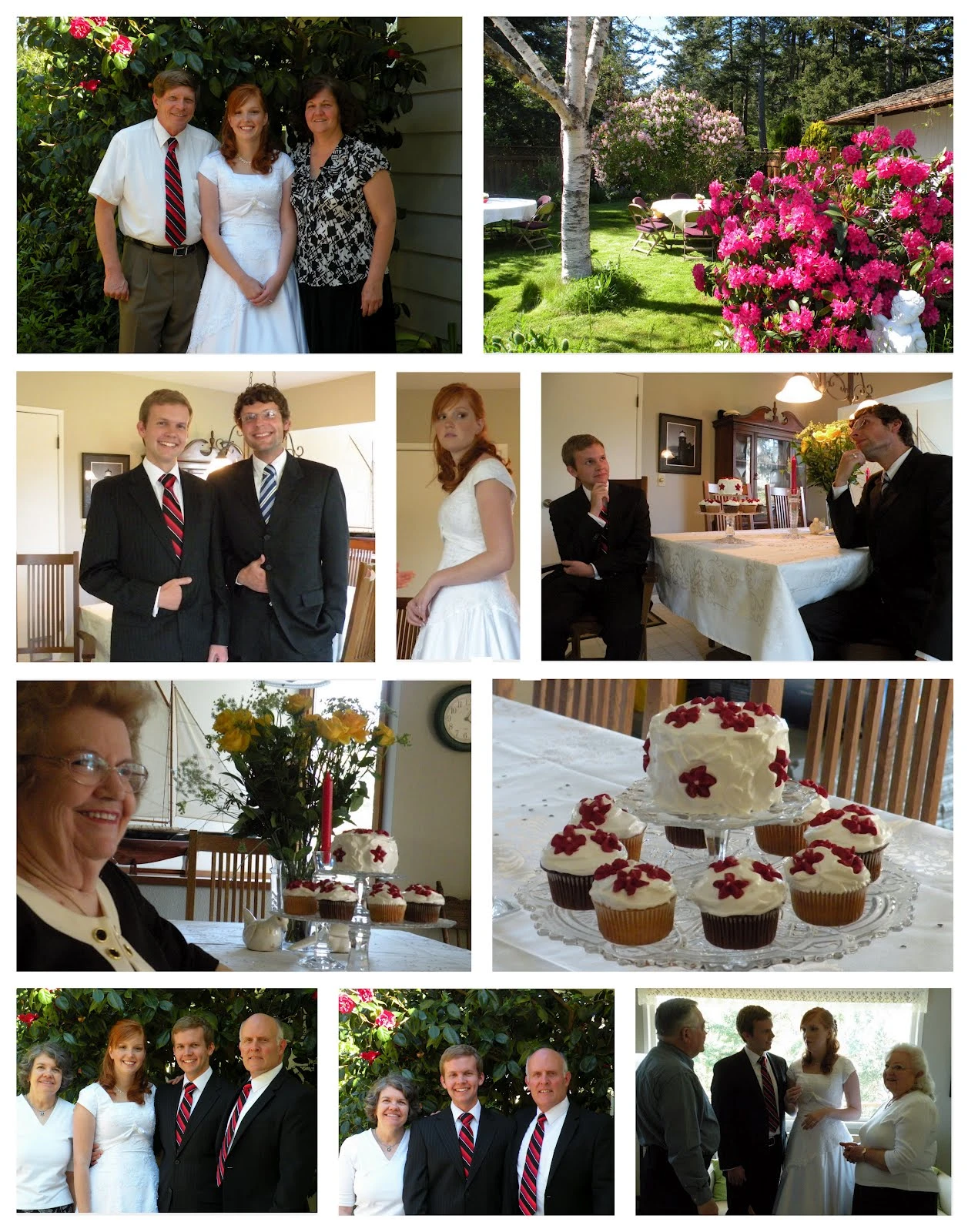 Collage of open house photos: family portraits outside the house, the garden with blooming rhododendrons, two men in dark suits, the bride chatting with seated guests, cupcakes decorated with red roses, and group shots with guests inside