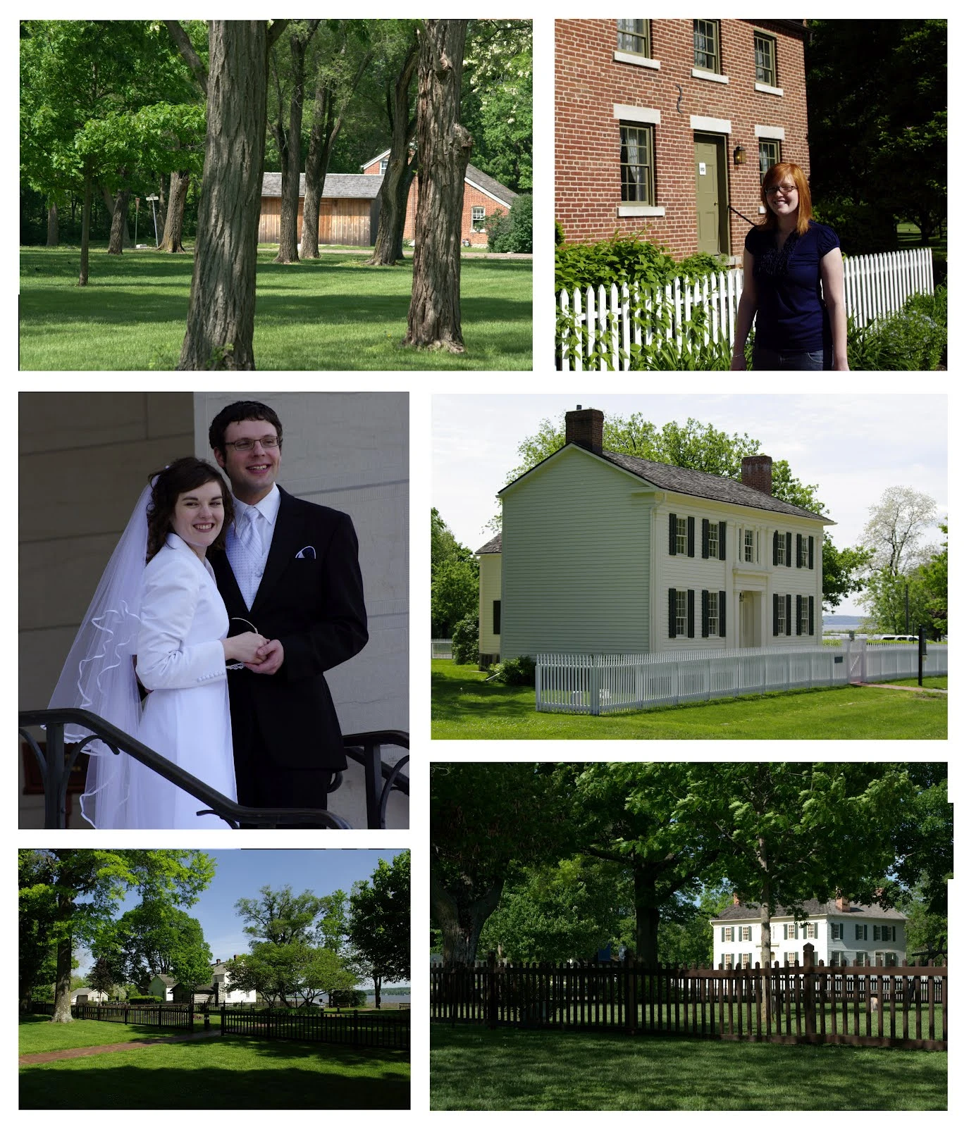 Collage of six photos from Nauvoo: tree-lined historic grounds, Danielle standing in front of a brick building with white fence, the bride and groom (Devan and Nicole) posing on steps in wedding attire, a two-story white historic house with black shutters, and two wide views of green lawns and historic buildings